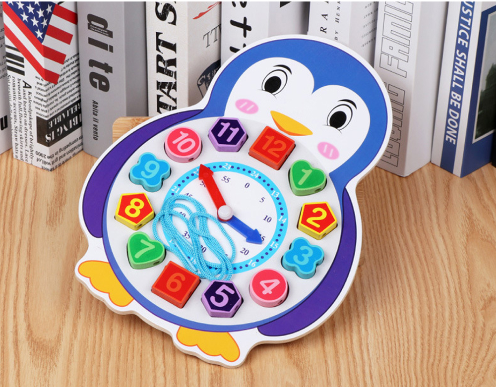Wooden Lacing Beads Animal Clock Educational Toy for Children